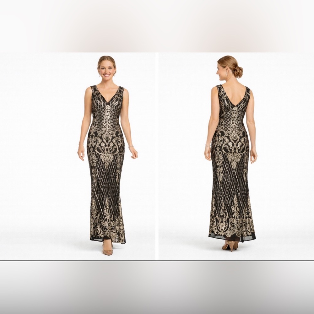 R & M Richards Long Formal Sequin Gown Dress 14 Black Gold 3895 NEW